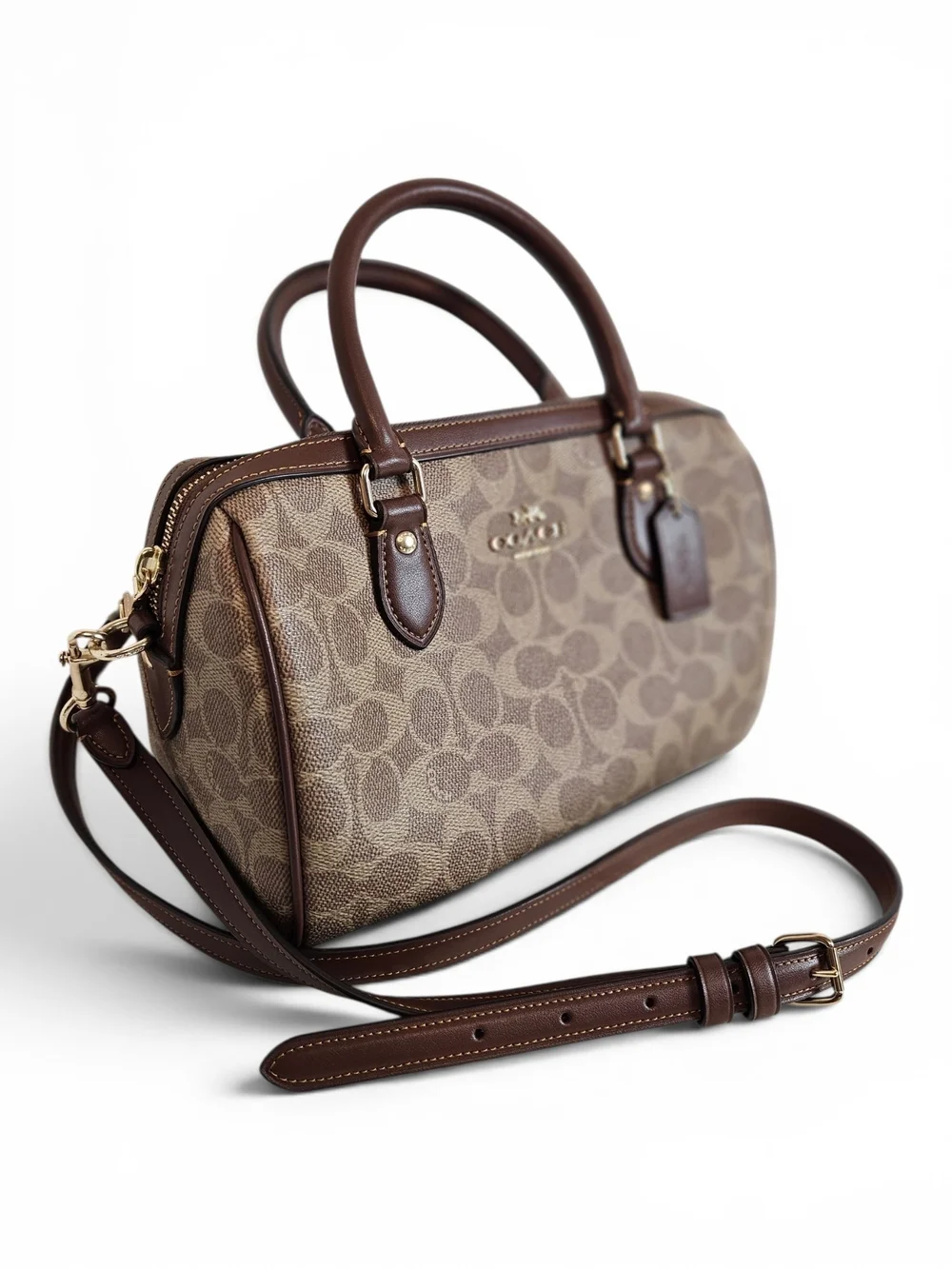 Coach Satchel OS Rowan Signature Canvas Crossbody Top Handle Gold Tan Brown